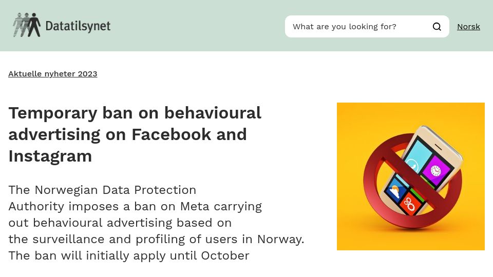 Screenshot of datatilsynet.no: Temporary ban on behavioural advertising on Facebook and Instagram
