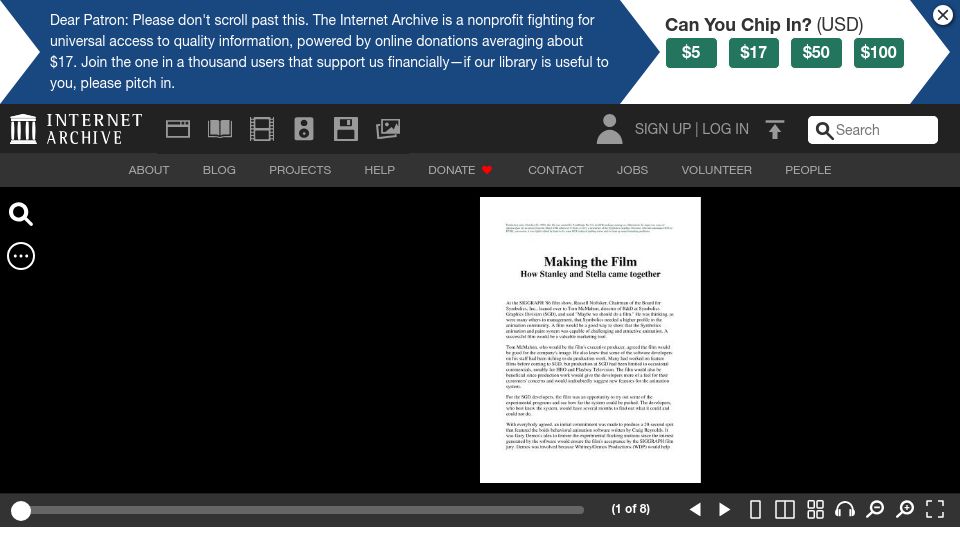 Screenshot of archive.org: Symbolics CGI production notes: How Stanley and Stella came together (1988)