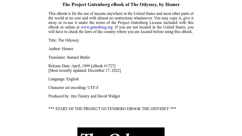 Screenshot of gutenberg.org: The Odyssey by Homer, Translated by Samuel Butler