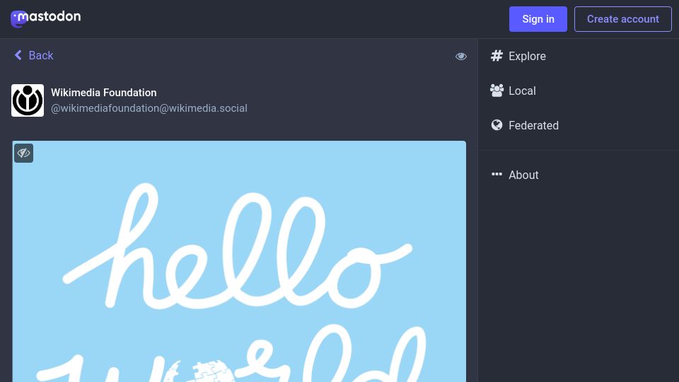 Screenshot of wikimedia.social: The Wikimedia Foundation joins Mastodon and the Fediverse