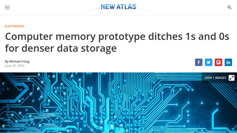 Screenshot of newatlas.com: Computer memory prototype ditches 1s and 0s for denser data storage