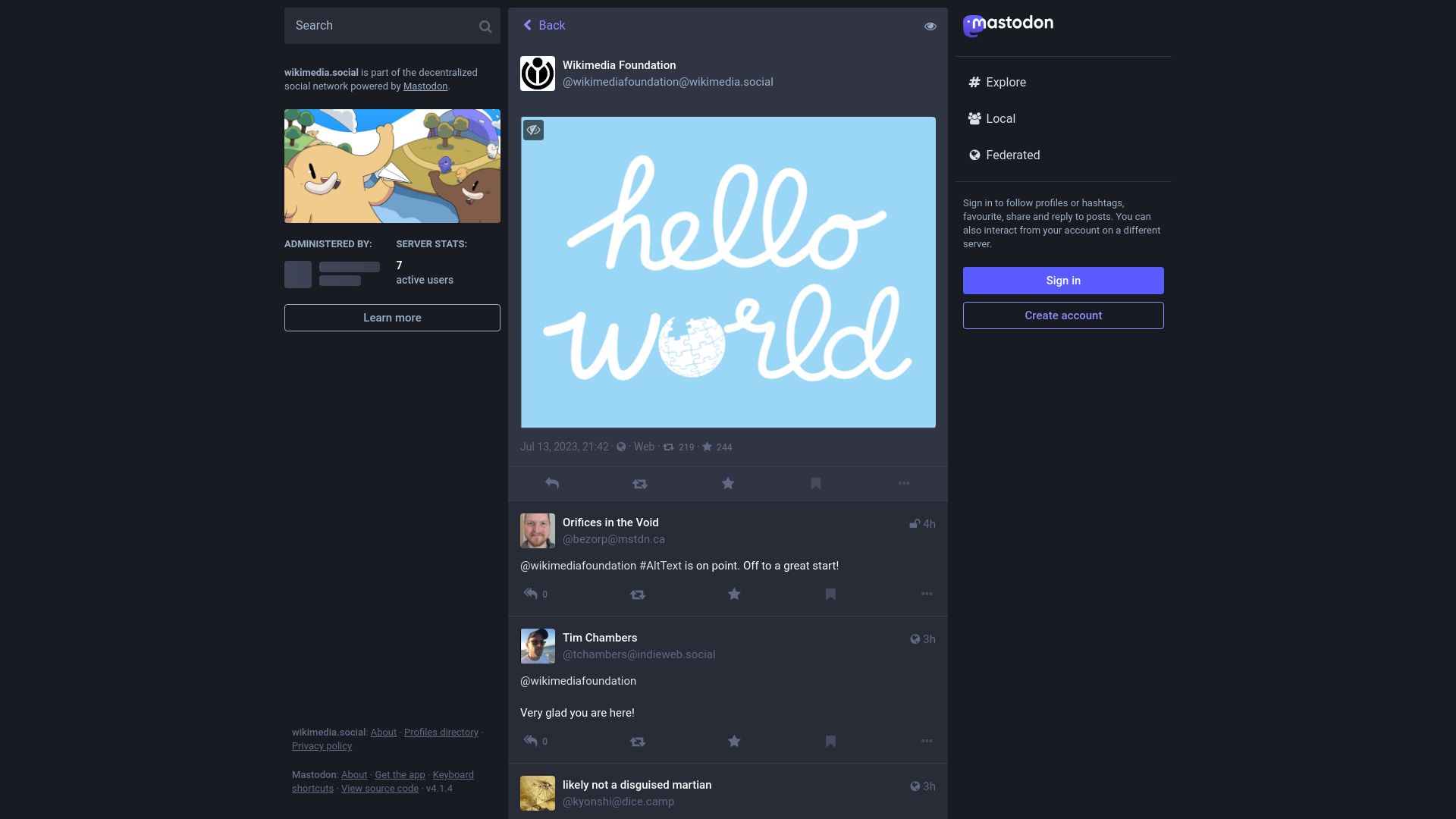 Screenshot of wikimedia.social: The Wikimedia Foundation joins Mastodon and the Fediverse