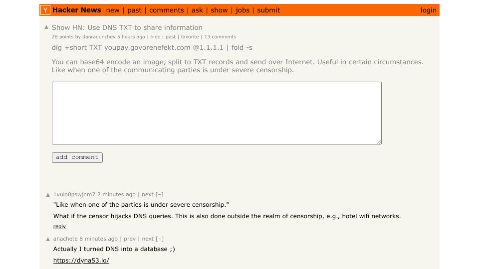 Screenshot of Hacker News post: Show HN: Use DNS TXT to share information