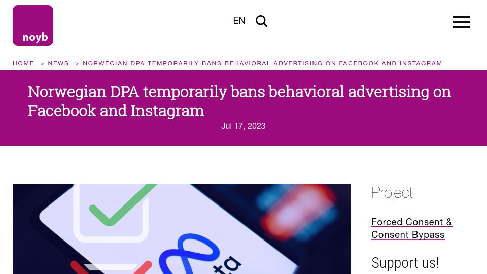 Screenshot of noyb.eu: Norwegian DPA temporarily bans behavioral advertising on Facebook and Instagram