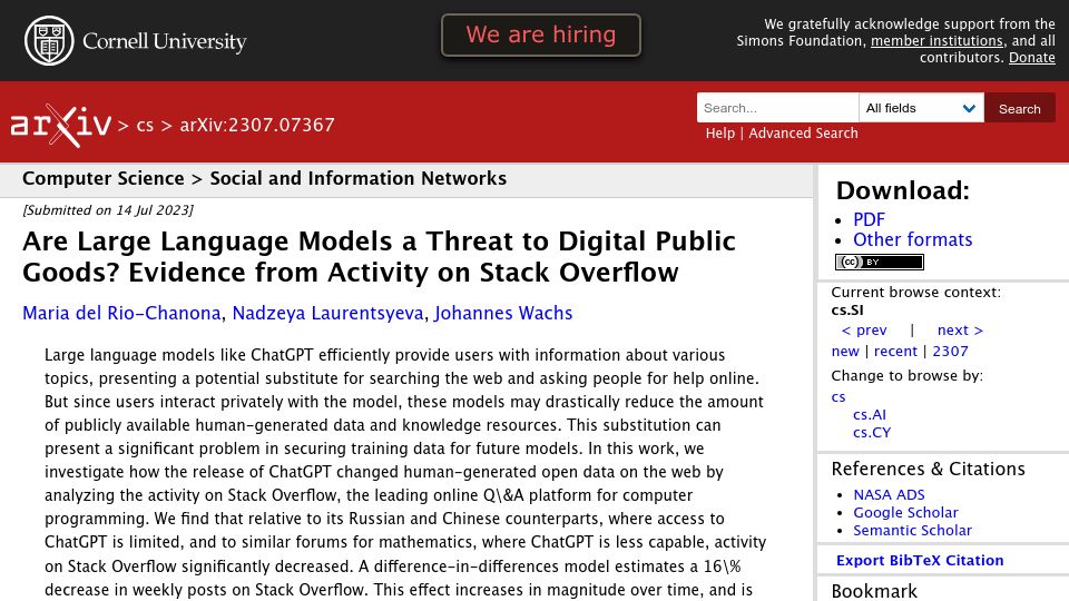 Screenshot of arxiv.org: Are large language models a threat to digital public goods?