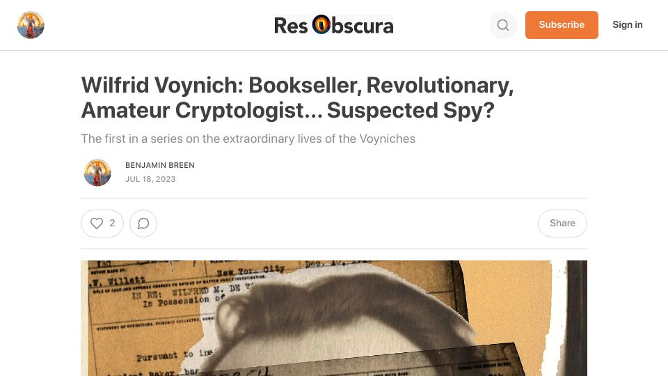 Screenshot of resobscura.substack.com: Wilfrid Voynich: Bookseller, revolutionary, cryptologist… suspected spy?