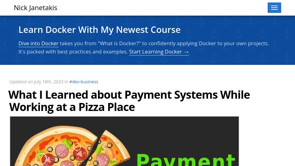 Screenshot of nickjanetakis.com: Payment systems while working at a pizza place