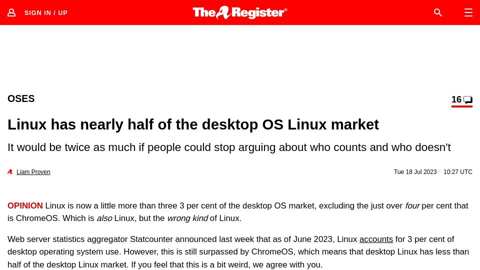 Screenshot of theregister.com: Linux has nearly half of the desktop OS Linux market