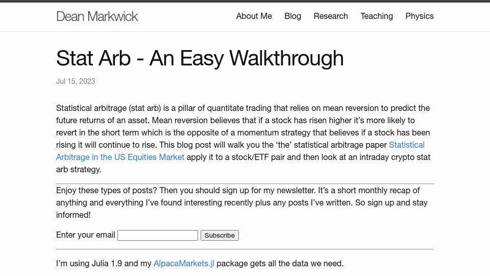 Screenshot of dm13450.github.io: Statistical Arbitrage – An Easy Walkthrough