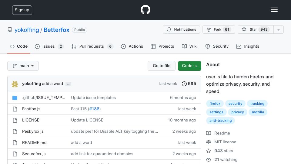 Screenshot of github.com: Betterfox: User.js to harden Firefox and optimize privacy, security, and speed