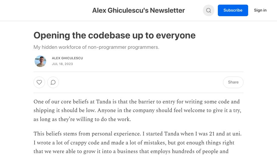 Screenshot of ghiculescu.substack.com: Opening the Codebase Up to Everyone