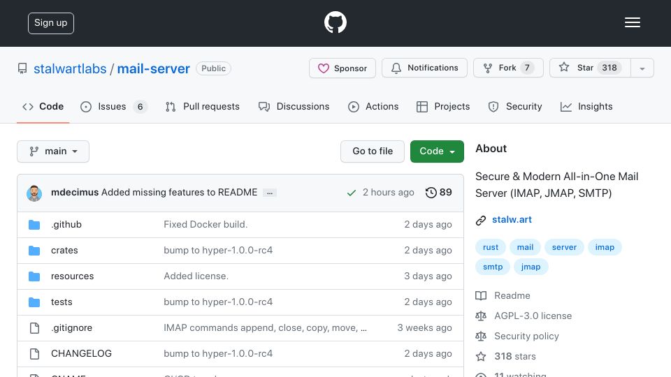Screenshot of github.com: Stalwart All-in-One Mail Server (IMAP, JMAP, SMTP)