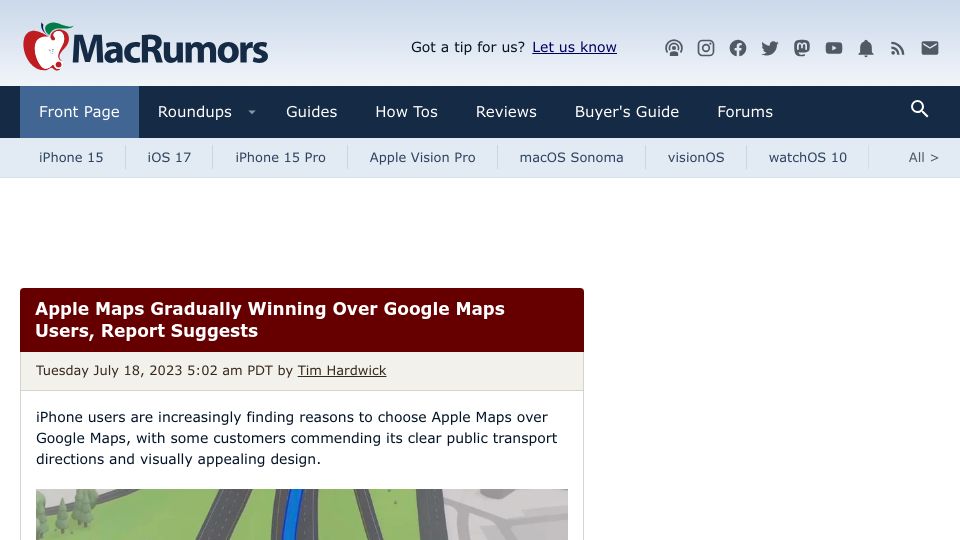 Screenshot of macrumors.com: Apple Maps Gradually Winning over Google Maps Users, Report Suggests