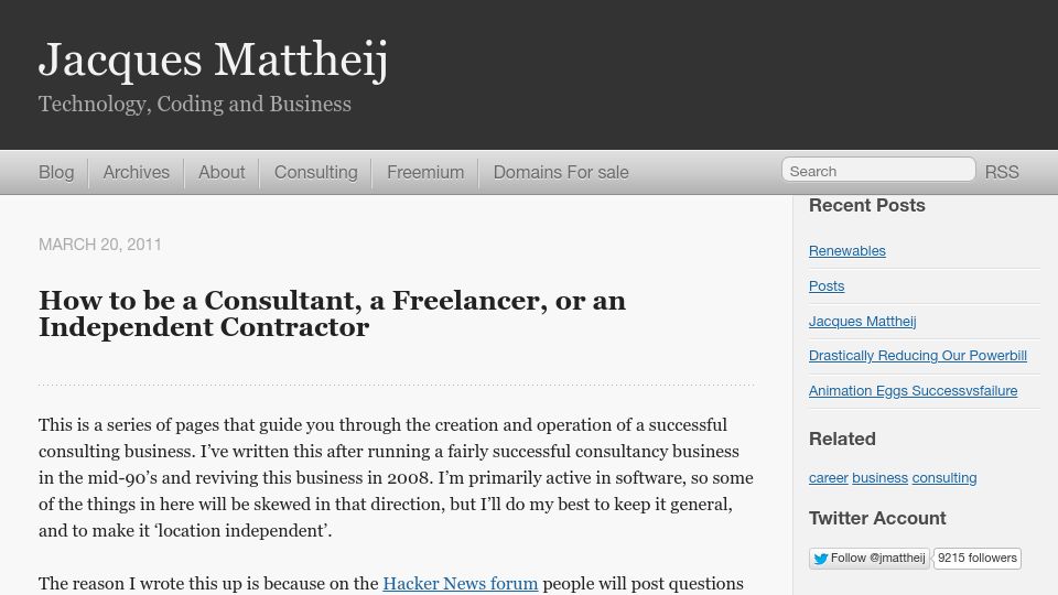 Screenshot of jacquesmattheij.com: How to be a consultant, a freelancer, or an independent contractor (2009)