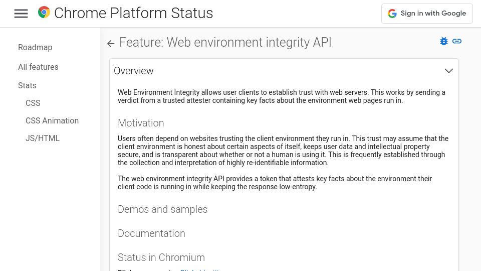 Screenshot of chromestatus.com: Google Chrome Proposal – Web Environment Integrity