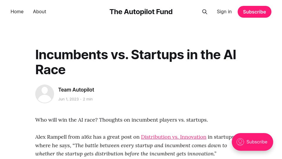 Screenshot of blog.autopilot.fund: Incumbents vs. Startups in the AI Race