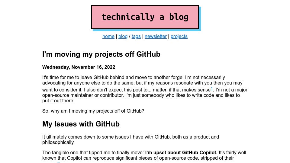 Screenshot of ntietz.com: I'm moving my projects off GitHub