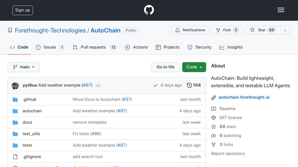 Screenshot of github.com: AutoChain, lightweight and testable alternative to LangChain