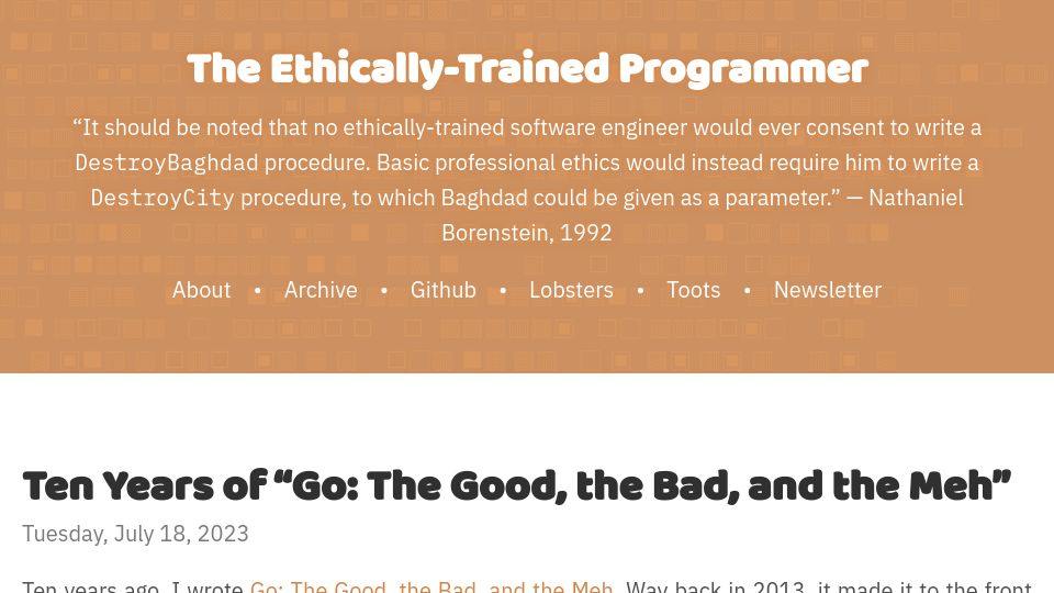 Screenshot of blog.carlmjohnson.net: Ten years of “Go: The good, the bad, and the meh”