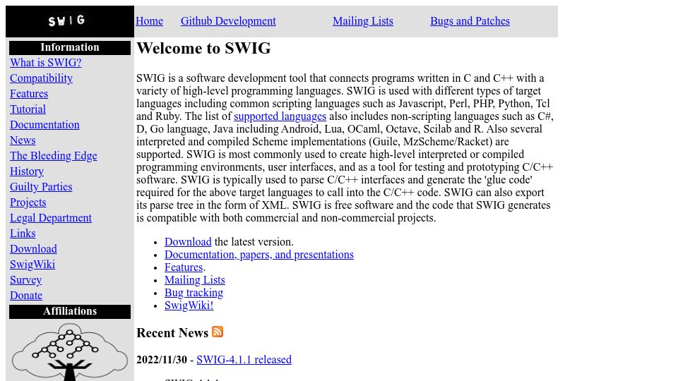 Screenshot of swig.org: Swig – Connect C/C++ programs with high-level programming languages