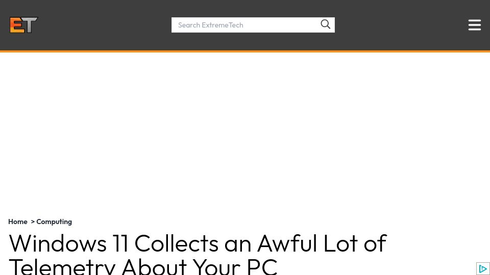 Screenshot of extremetech.com: Windows 11 collects an awful lot of telemetry about your PC