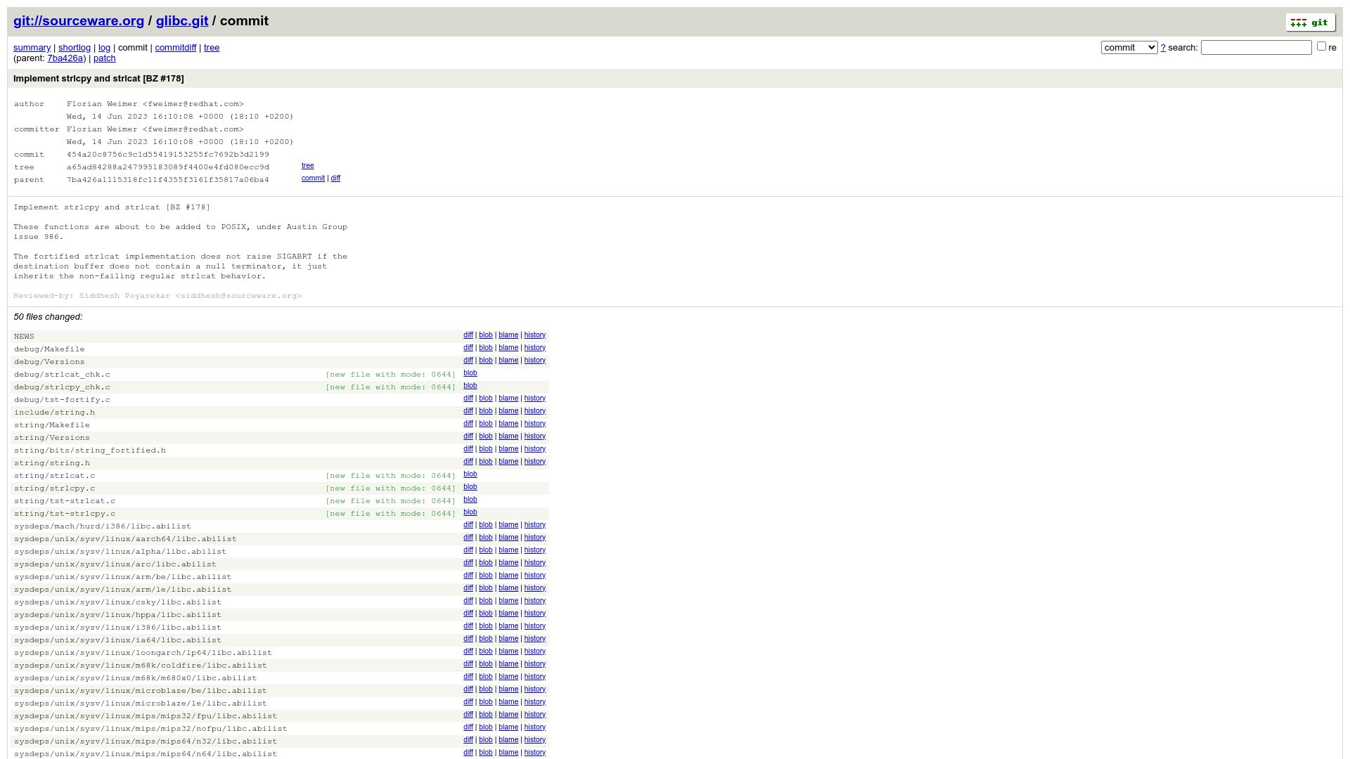 Screenshot of sourceware.org: Strlcpy and strlcat added to glibc 2.38