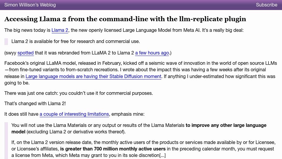 Screenshot of simonwillison.net: Accessing Llama 2 from the command-line with the LLM-replicate plugin