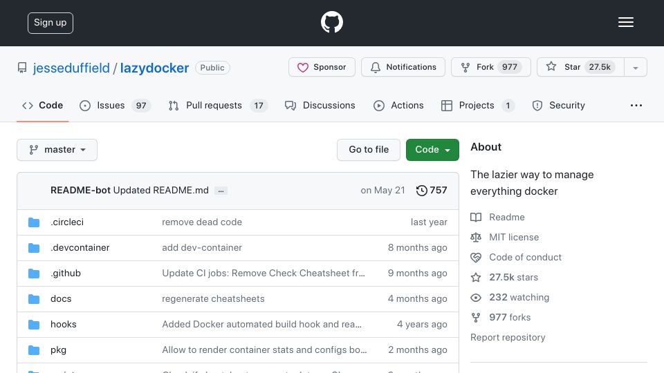 Screenshot of github.com: Lazydocker: a lazier way to manage everything Docker