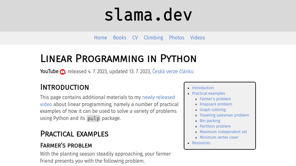 Screenshot of slama.dev: Linear Programming in Python (2023)