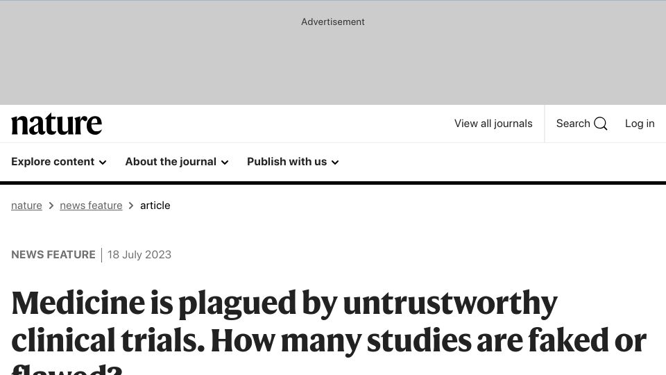 Screenshot of nature.com: Medicine is plagued by untrustworthy clinical trials