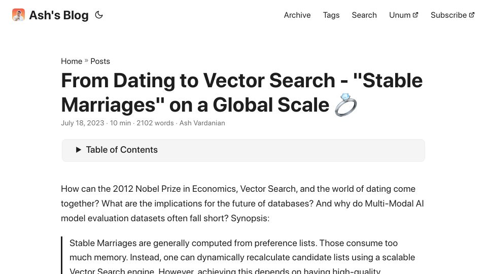 Screenshot of ashvardanian.com: From Dating to Vector Search – “Stable Marriages” on a Global Scale
