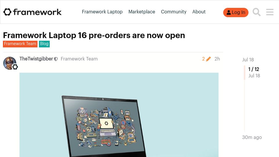 Screenshot of community.frame.work: Framework Laptop 16 pre-orders are now open