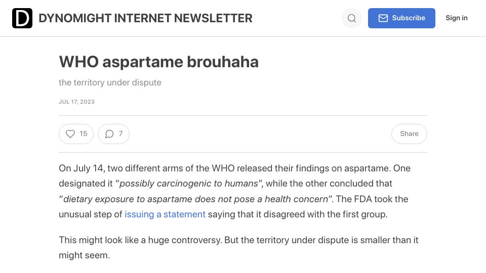 Screenshot of dynomight.substack.com: WHO aspartame brouhaha