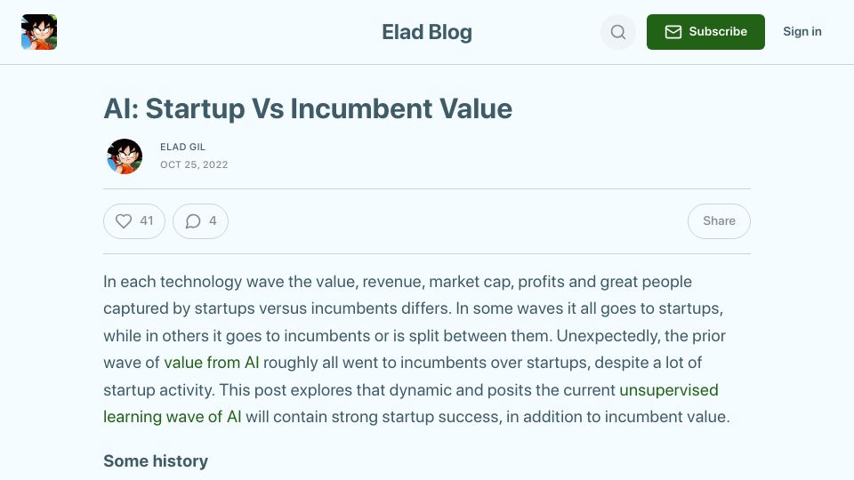 Screenshot of blog.eladgil.com: AI: Startup vs Incumbent Value (2022)