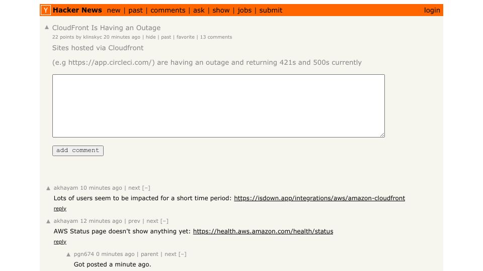 Screenshot of Hacker News post: Tell HN: CloudFront Is Having an Outage