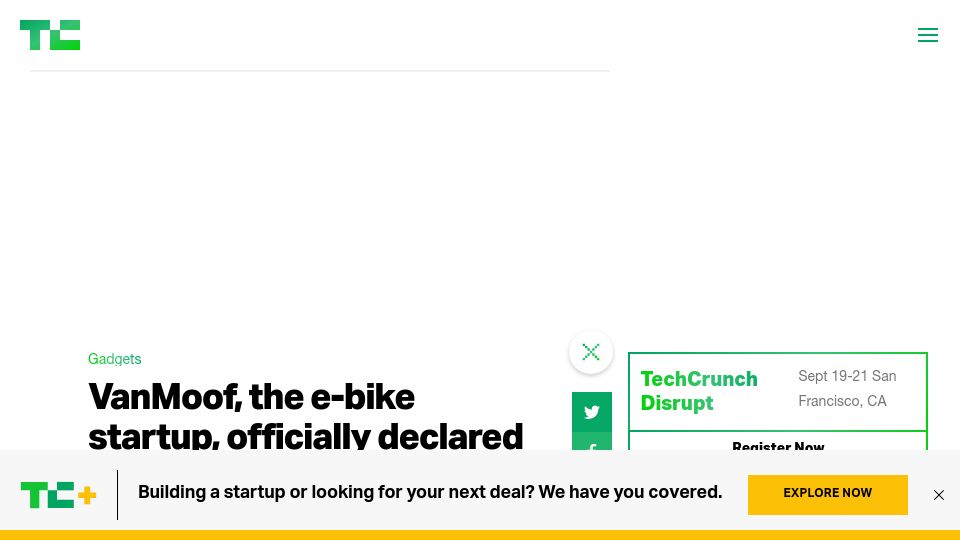 Screenshot of techcrunch.com: VanMoof, the e-bike startup, officially declared bankrupt in The Netherlands