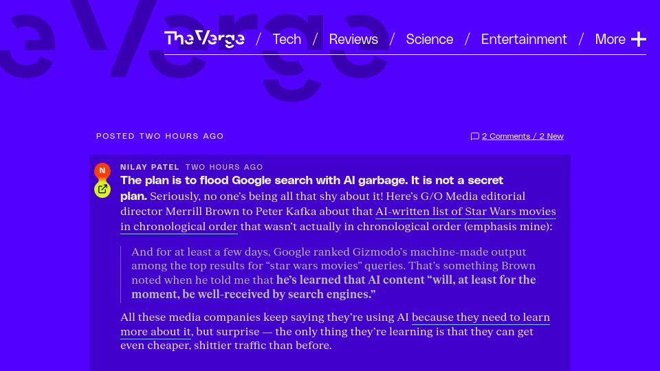 Screenshot of vox.com: G/O media will make more AI-generated stories despite critics