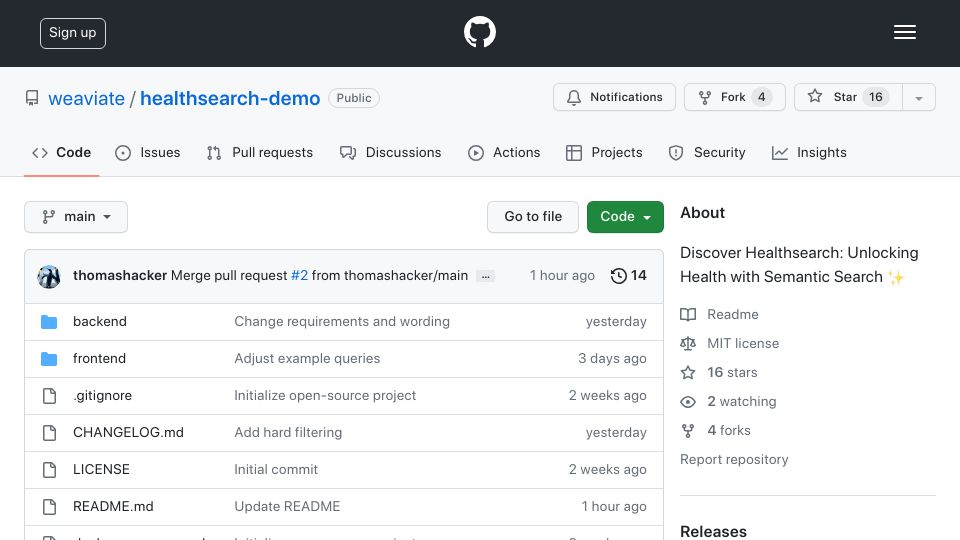 Screenshot of github.com: Show HN: Weaviate – Build your own generative health search engine