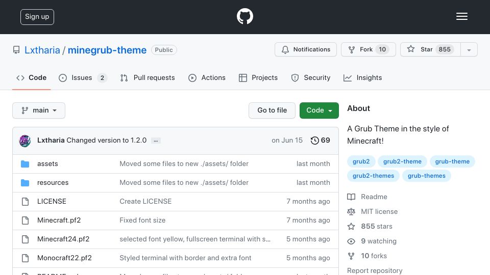 Screenshot of github.com: A Grub theme in the style of Minecraft