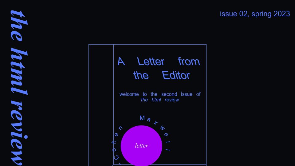Screenshot of thehtml.review: The HTML review is an annual journal of literature made to exist on the web