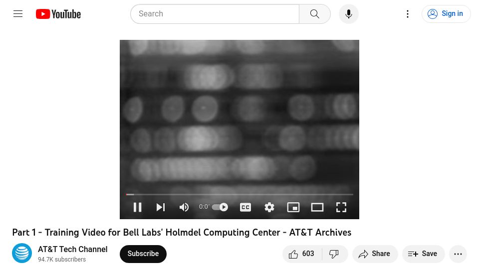 Screenshot of youtube.com: Training Video for Bell Labs' Holmdel Computing Center (1973) [video]