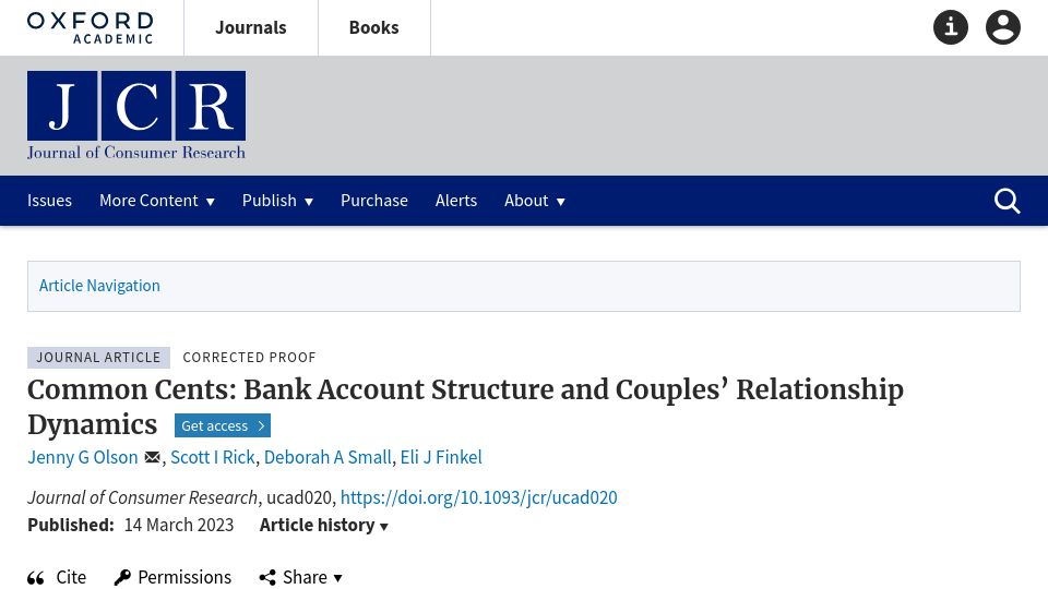Screenshot of academic.oup.com: Couples with joint checking accounts are happier
