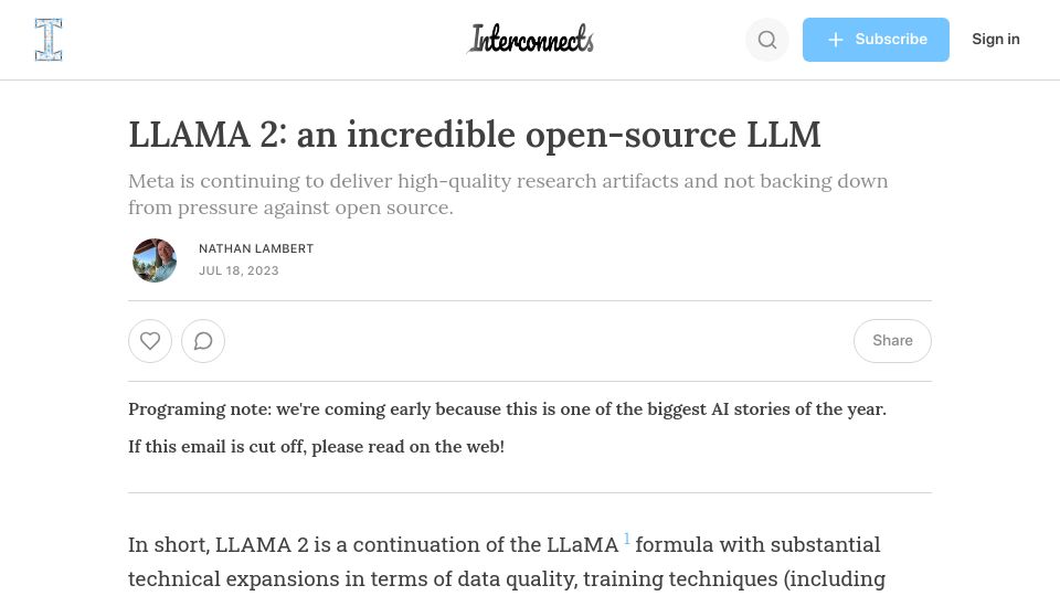 Screenshot of interconnects.ai: Llama 2: an open-source LLM