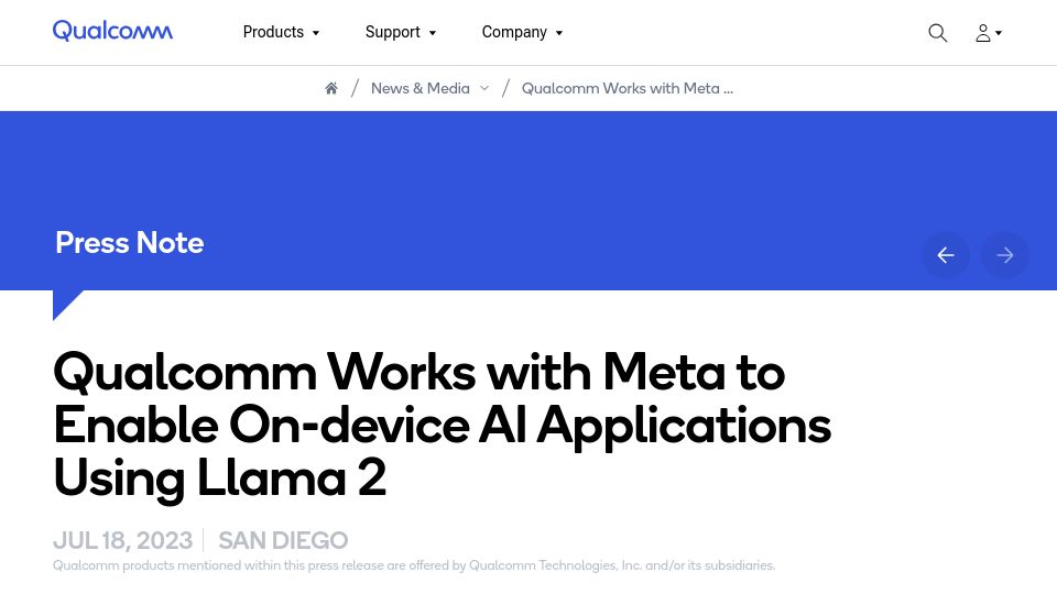 Screenshot of qualcomm.com: Qualcomm works with Meta to enable on-device AI applications using Llama 2