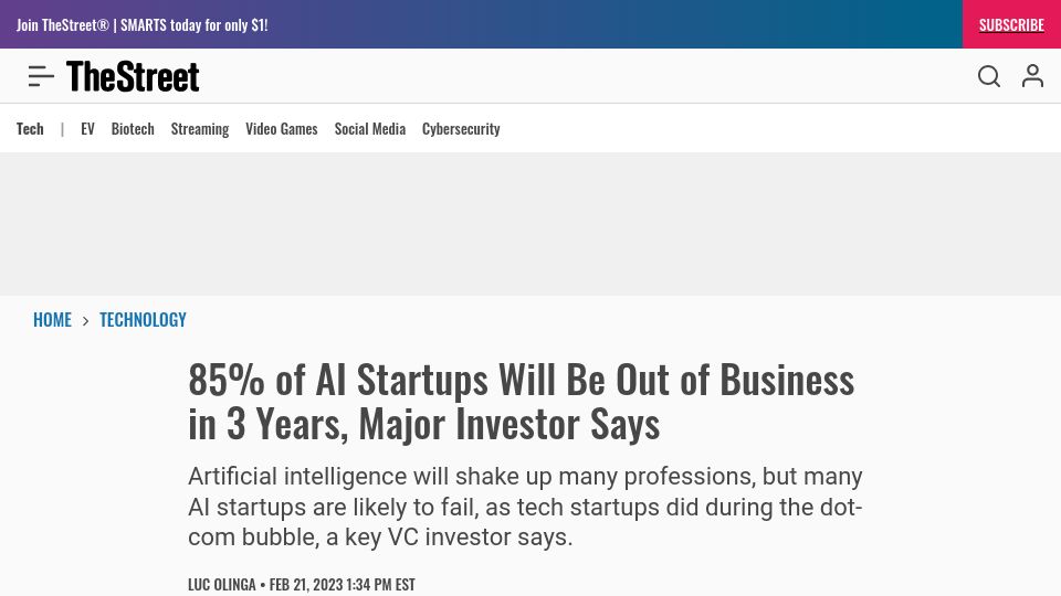 Screenshot of thestreet.com: 85% of AI Startups Will Be Out of Business in 3 Years, Major Investor Says