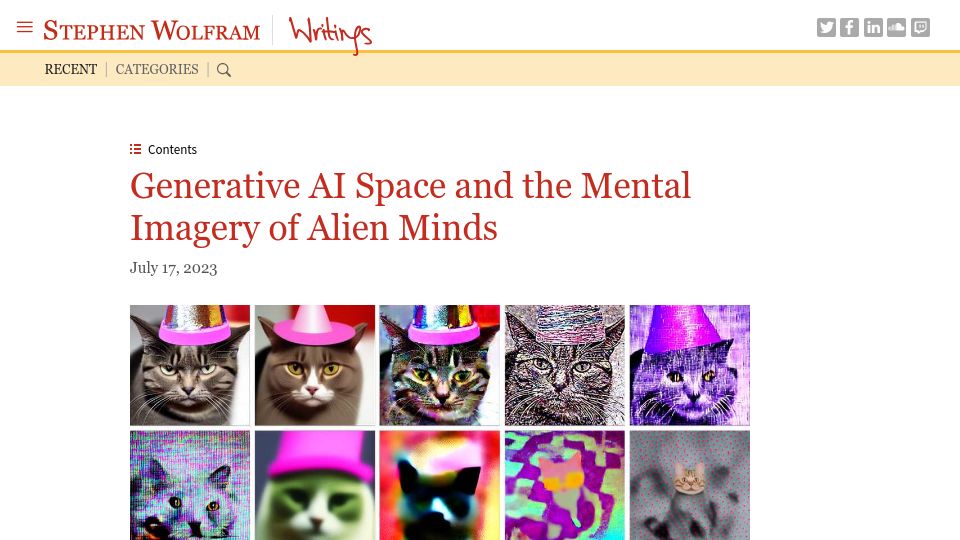 Screenshot of writings.stephenwolfram.com: Generative AI space and the mental imagery of alien minds