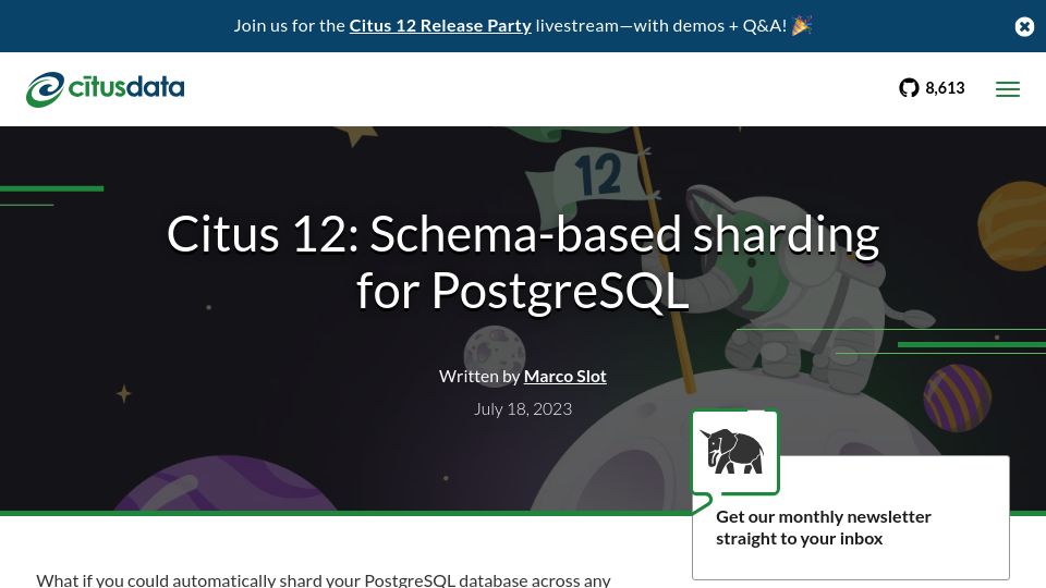 Screenshot of citusdata.com: Citus 12: Schema-based sharding for PostgreSQL