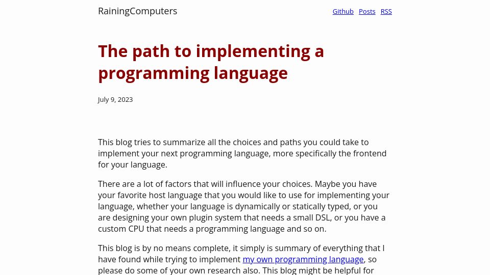 Screenshot of rainingcomputers.blog: The path to implementing a programming language