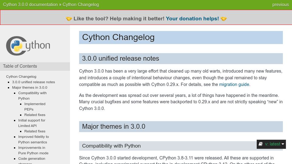 Screenshot of cython.readthedocs.io: Cython 3.0 Released