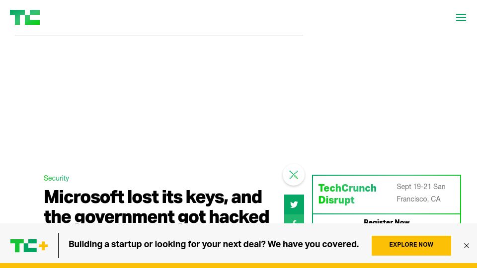 Screenshot of techcrunch.com: Microsoft lost its keys, and the government got hacked